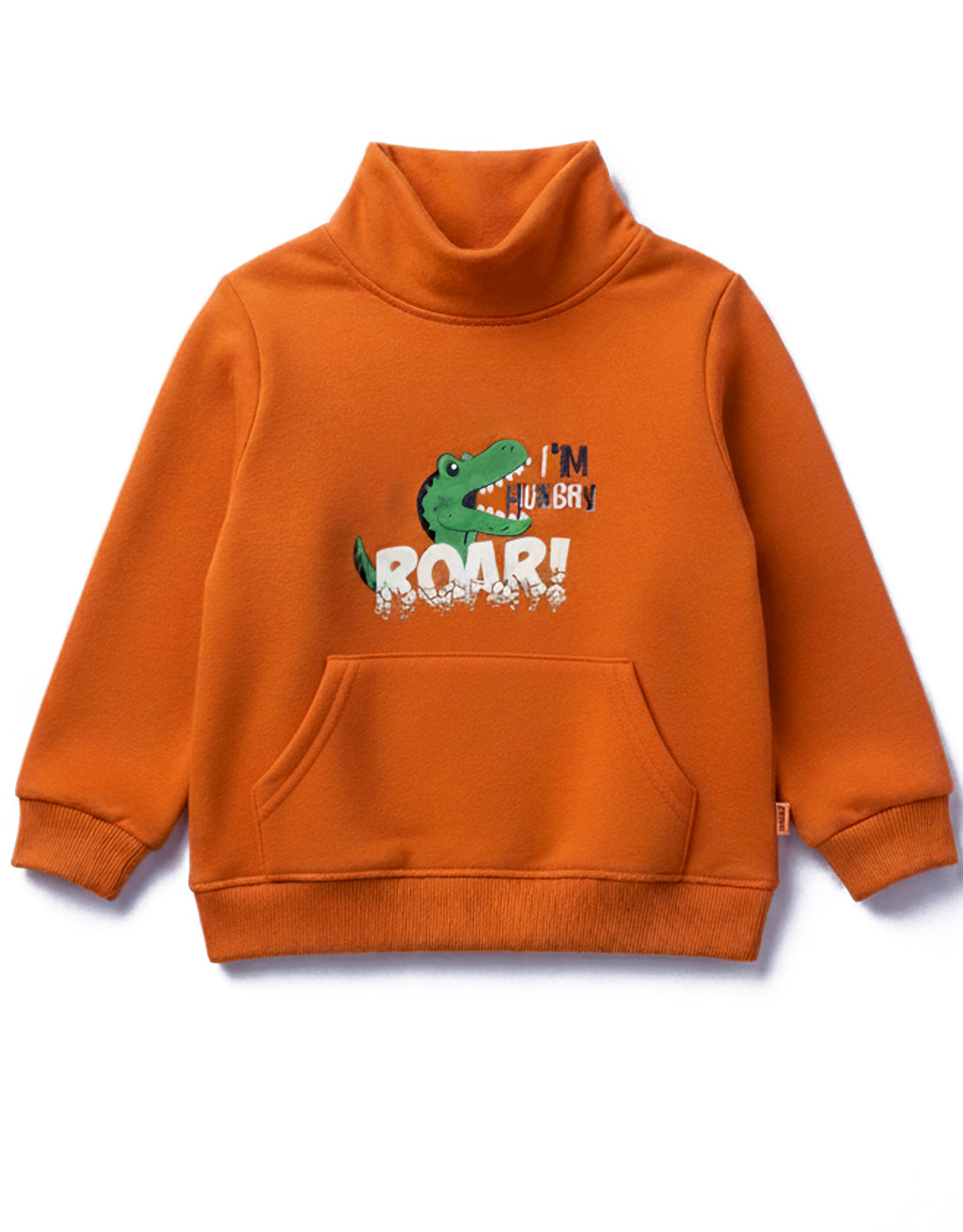 Kids Fleece- Orange Funnel Neck Dinosaur Sweatshirt